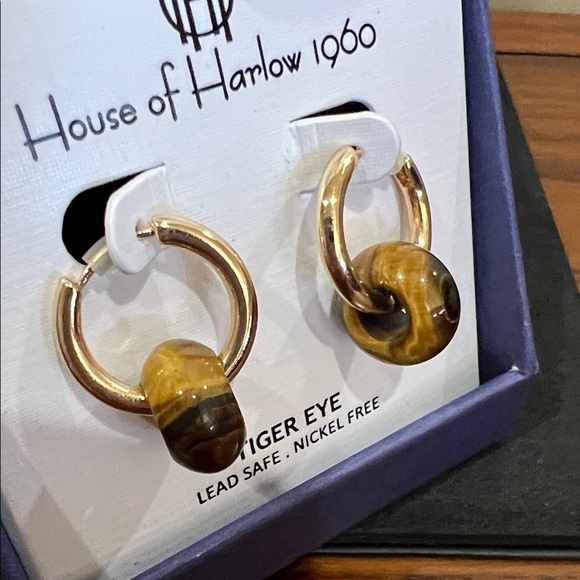 House of Harlow 1960 | Gold Hoop Tiger Eye Earrings - Picture 3 of 8